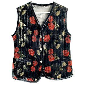 Floral Quilted Velvet Vest Black Red Green  Dressy Casual  Pockets Women L